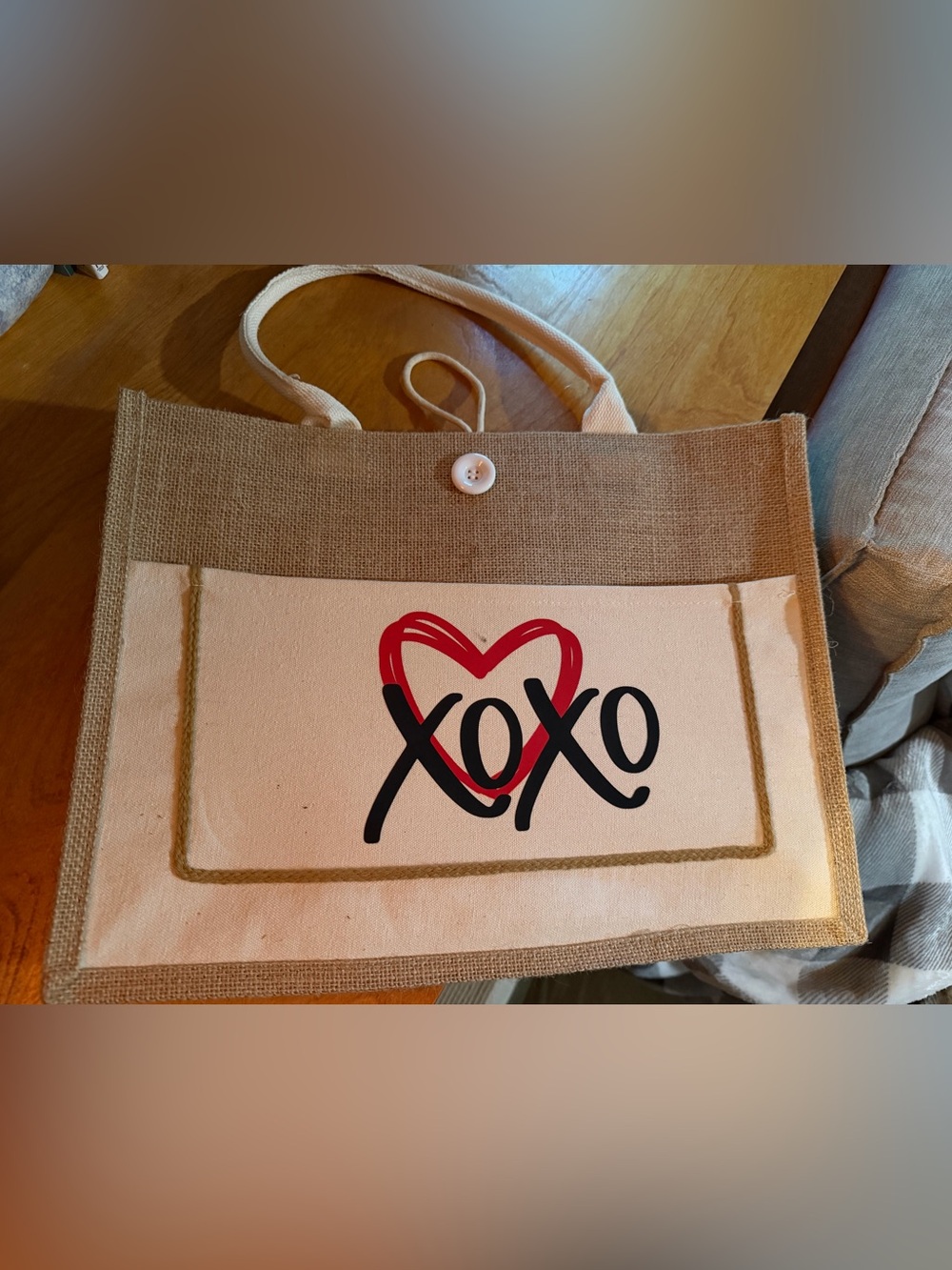 XOXO Canvas Tote in Natural with Red Heart and Black Logo